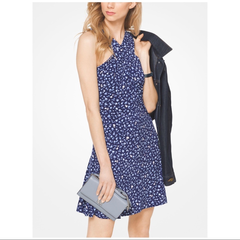 MICHAEL KORS CROSS-NECK BLUE FLORAL DRESS